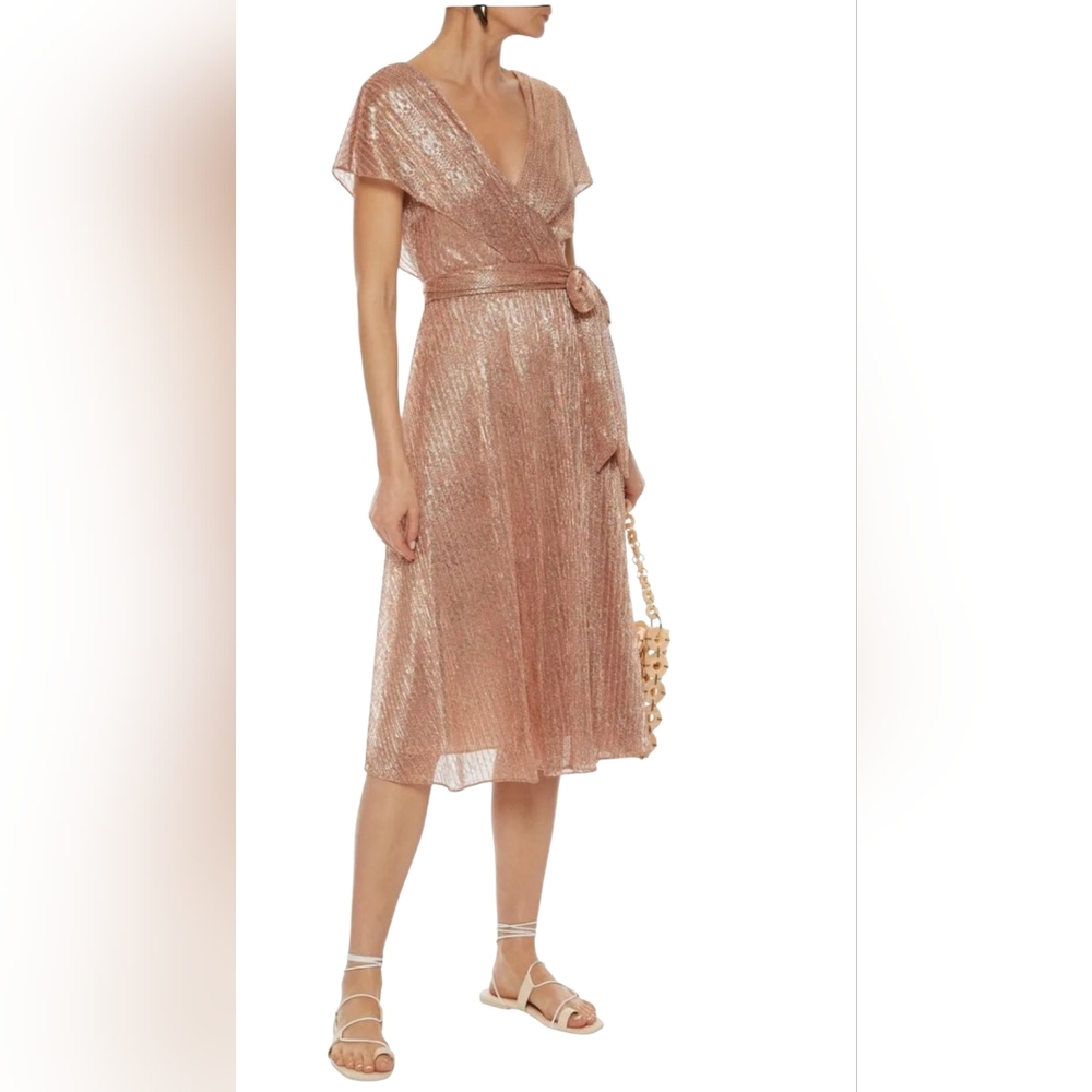 NWT $405 Alice + Olivia Darva Faux Wrap Midi Dress 6 | Rose Gold Lamé Metallic - Picture 15 of 16